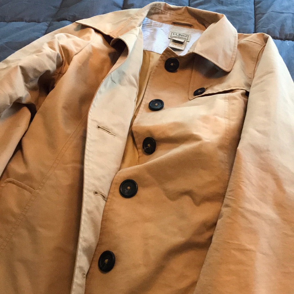 L.L. Bean single-breasted trench coat with belt.